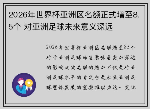 2026年世界杯亚洲区名额正式增至8.5个 对亚洲足球未来意义深远