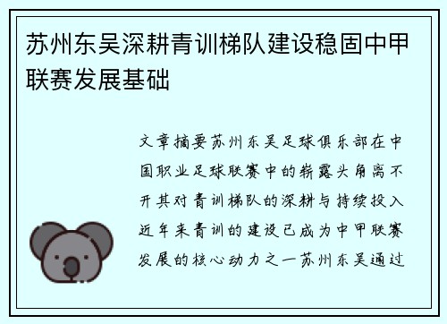 苏州东吴深耕青训梯队建设稳固中甲联赛发展基础 苏州东吴深耕青训梯队建设稳固中甲联赛发展基础